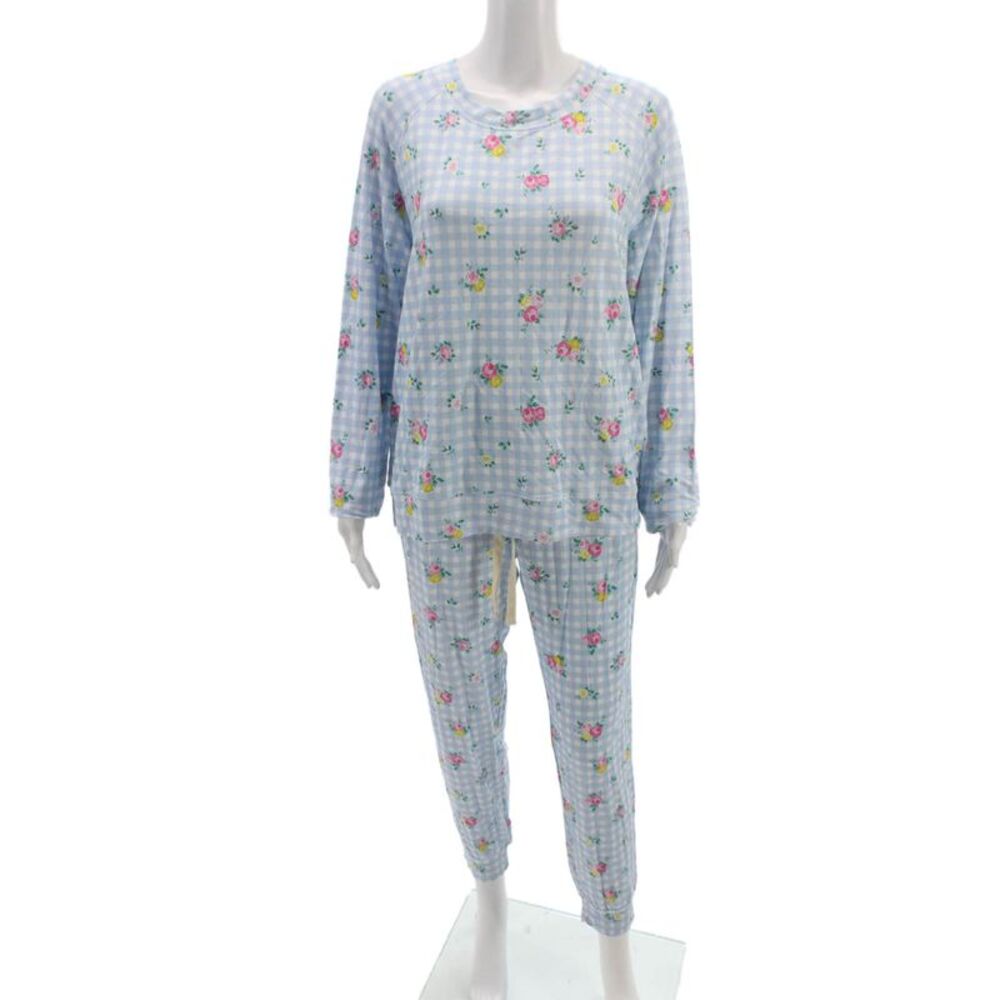 Stripe & Stare Womens Floral Gingham Crew Neck Pajama Set Blue Size L